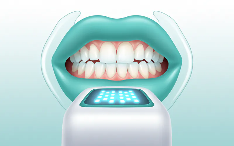 A close-up of a patient undergoing in-office teeth whitening, with protective barriers on the gums and a light device positioned over the teeth.