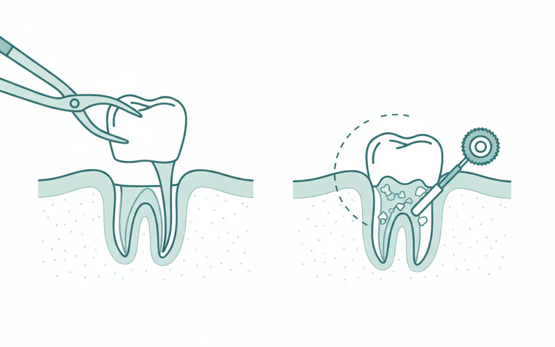 A diagram illustrating the difference between a simple tooth extraction (tooth visible above gum line) and a surgical tooth extraction (tooth impacted below gum line, requiring incision and bone removal).