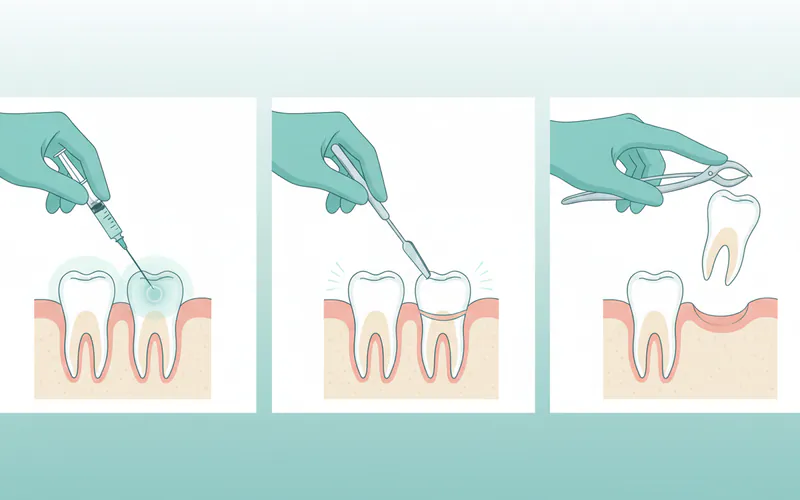 A step-by-step illustration showing a simple tooth extraction: 1) local anesthetic being applied, 2) elevator loosening the tooth, 3) forceps removing the tooth.