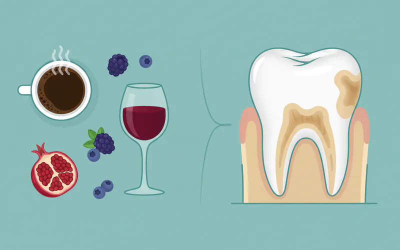 Illustration showing examples of foods and drinks that cause tooth stains, like coffee, red wine, berries, next to a diagram of a tooth with extrinsic stains on the enamel.