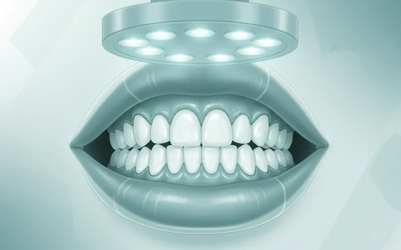 A close-up illustration of a patient's mouth during an in-office whitening procedure, showing the protective barrier on gums and the whitening gel applied to teeth, possibly with a light device above.