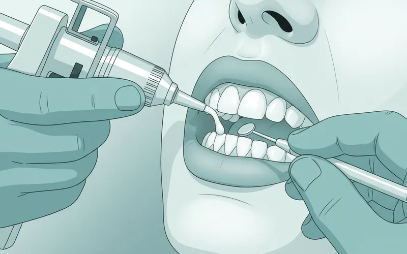 Dentist applying composite resin material to a patient's front tooth and shaping it with a dental tool.