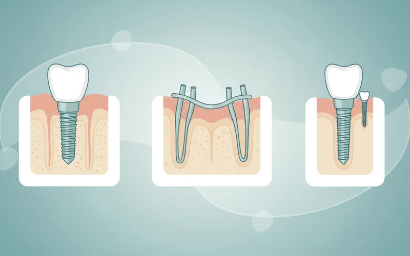 Diagram showing different types of dental implants: Endosteal (screw-shaped), Subperiosteal (frame under gum), and Mini Dental Implant, with brief labels for each.