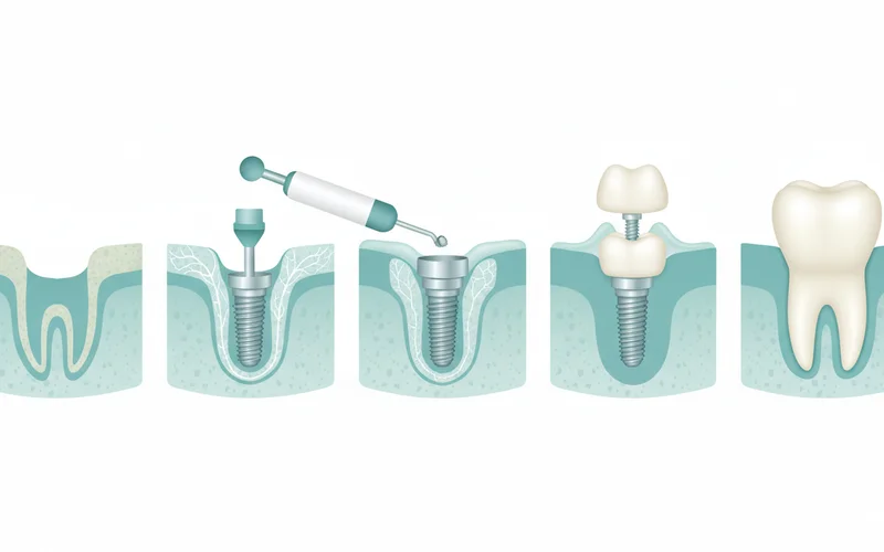 Detailed step-by-step illustration of a single dental implant placement: 1. Tooth loss, 2. Implant post inserted into jawbone, 3. Osseointegration (bone fusing), 4. Abutment attached, 5. Crown placed.