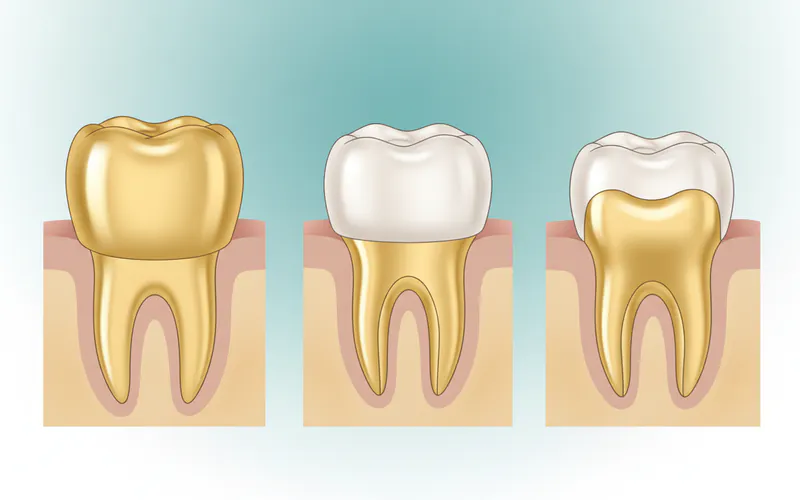 A diagram showing cross-sections of different gold dental restorations: Full Gold Crown, Porcelain-Fused-to-Metal Crown with gold substructure, and Gold Inlay/Onlay on a molar.