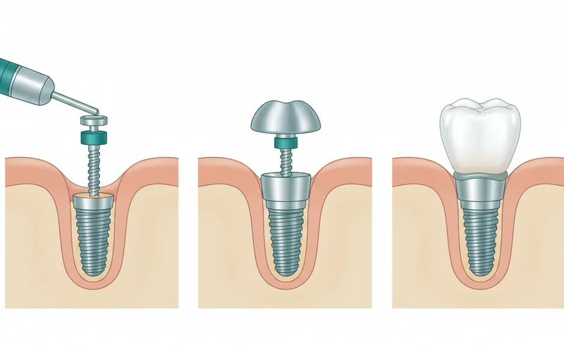 A series of three illustrations showing the step-by-step process of a single dental implant: 1) Implant post being surgically placed into the jawbone. 2) The implant post fully integrated with bone, with an abutment being attached. 3) The final crown placed on the abutment, completing the restoration.