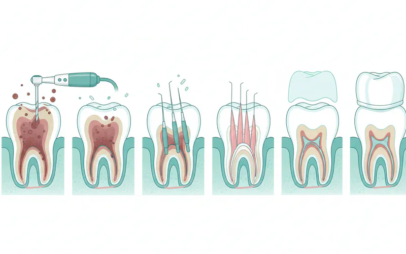 detailed illustration of a tooth with infected pulp and the root canal procedure steps, showing the drilling, cleaning with files, and filling of the canals with gutta-percha, finally showing a temporary and then a permanent crown