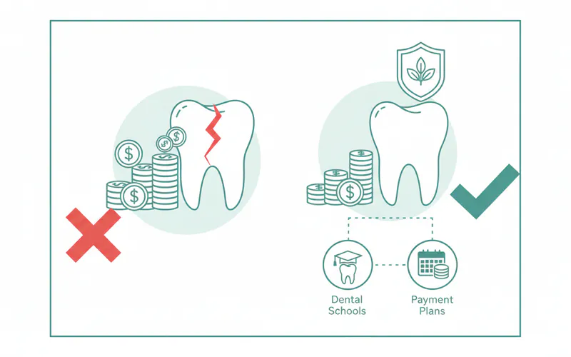 Infographic showing a comparison of dental costs with and without insurance, possibly illustrating savings mechanisms like dental schools or payment plans.