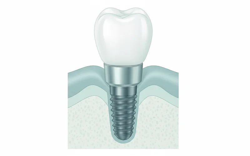 A detailed diagram showing the three parts of a dental implant: the titanium post embedded in the jawbone, the abutment connecting to it, and the dental crown on top, with labels for each part and surrounding bone and gum tissue.