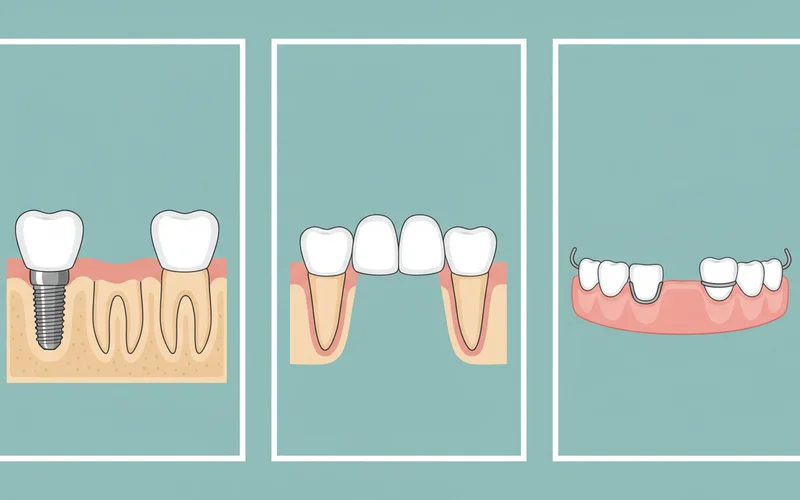A comparative graphic showing three panels: one with a dental implant replacing a missing tooth, another with a traditional bridge, and a third with a partial denture, highlighting their differences in how they address the gap.