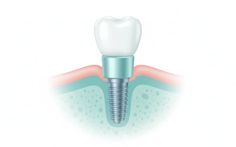 Detailed diagram of a single dental implant showing the titanium post embedded in the jawbone, the abutment extending above the gum line, and the crown affixed to the abutment