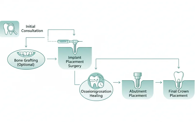 Flowchart illustrating the typical step-by-step process of receiving a dental implant, from initial consultation, through bone grafting (optional), implant placement surgery, osseointegration healing, abutment placement, and final crown placement