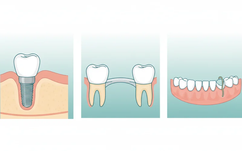 Side-by-side comparison illustrating a single missing tooth replaced by a dental implant, a traditional dental bridge supported by two natural teeth, and a removable partial denture