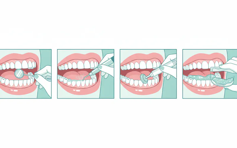 A step-by-step illustration showing the stages of a dental cleaning: initial examination with mirror, scaling with ultrasonic tool, polishing with prophy cup, and fluoride application.