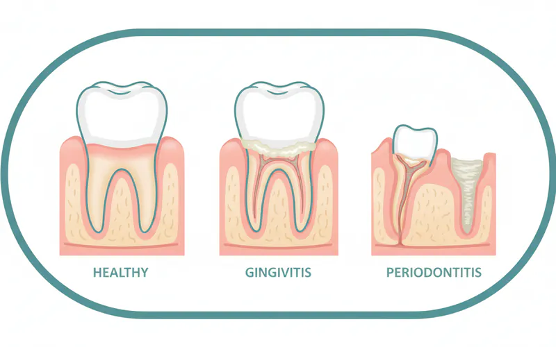 Medical illustration showing the progression of gum disease from healthy gums to gingivitis (inflamed gums) to periodontitis (bone loss, receding gums, deep pockets).
