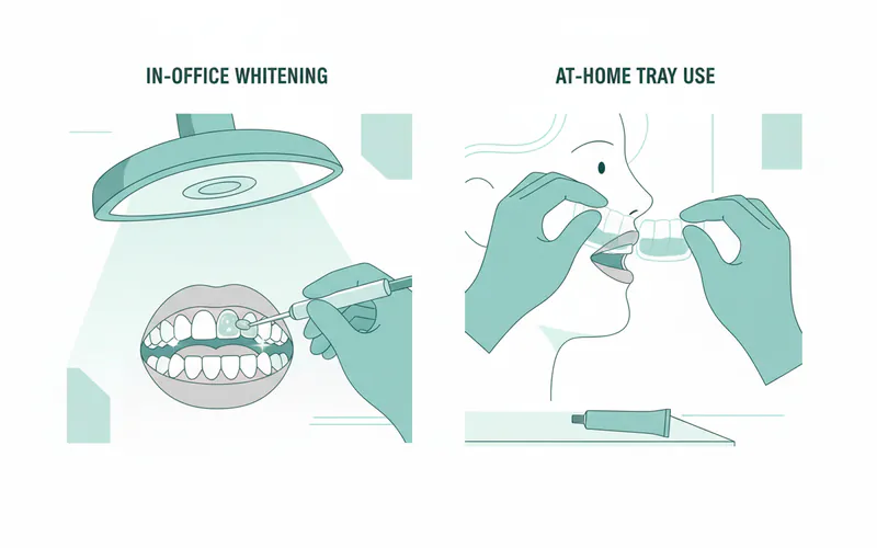 comparison diagram showing the process of in-office whitening (dentist applying gel, light activation) vs. at-home tray use (patient inserting custom tray with gel)