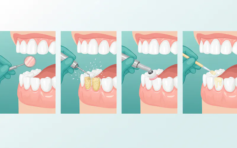 A series of four illustrations showing the stages of a routine dental cleaning: 1) Initial examination with a mirror, 2) Hygienist using an ultrasonic scaler on a tooth, 3) Polishing teeth with a rotary brush, 4) Applying fluoride varnish.