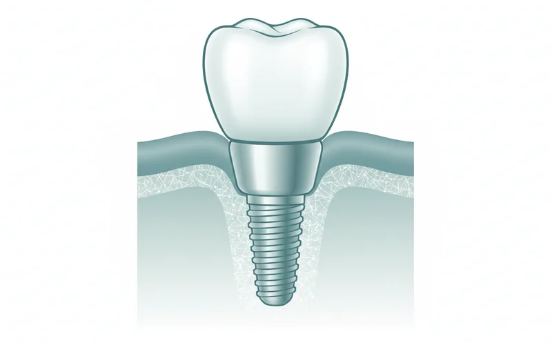 A cross-section diagram showing a single dental implant embedded in the jawbone, with an abutment and crown attached, illustrating osseointegration.