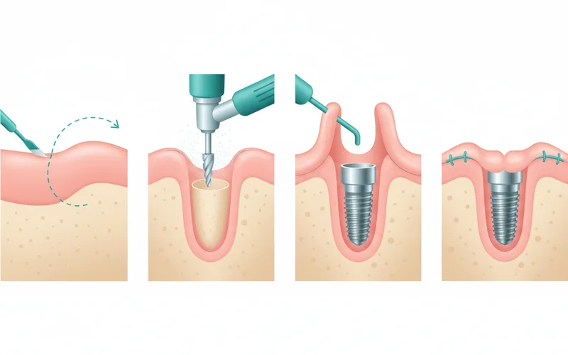 A step-by-step visual representation of dental implant surgery, showing the gum incision, drilling into the jawbone, implant post insertion, and gum closure.