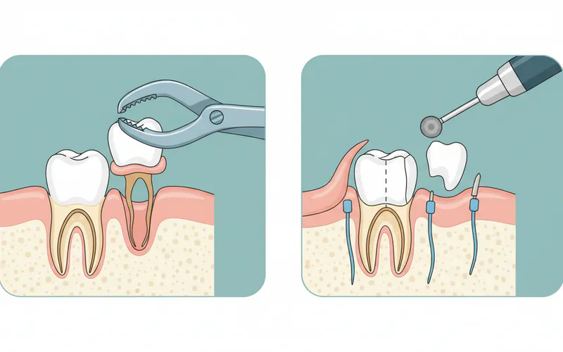 Diagram showing a cross-section of a jawbone with a simple extraction (forceps pulling a visible tooth) and a surgical extraction (incision in gum, bone removal, sectioning tooth, and sutures) side-by-side.