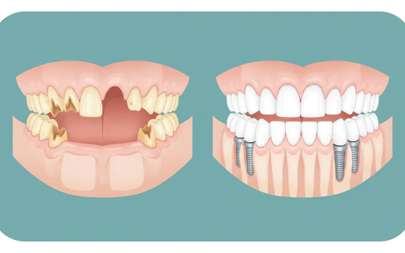 Before-and-after photos of a patient who has undergone full mouth reconstruction with dental implants