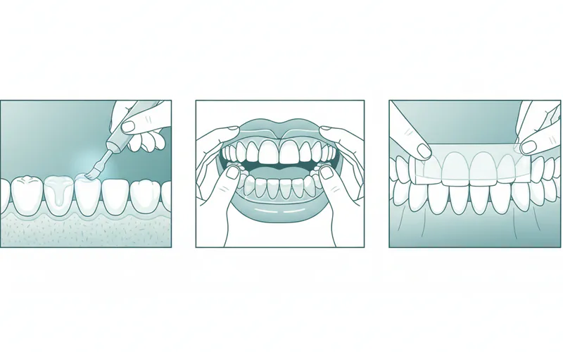 A comparison graphic showing three distinct panels: one illustrating a dentist applying professional whitening gel with a light, another showing a person inserting custom whitening trays at home, and a third showing someone using over-the-counter whitening strips.
