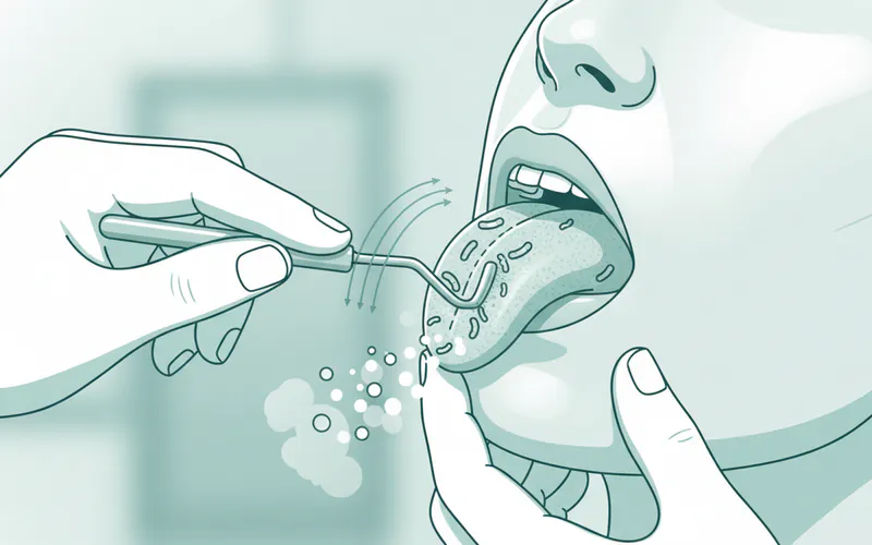 A dental hygienist demonstrating proper tongue scraping technique on a patient model, highlighting the tools and motion for effective bacterial removal from the tongue's surface.