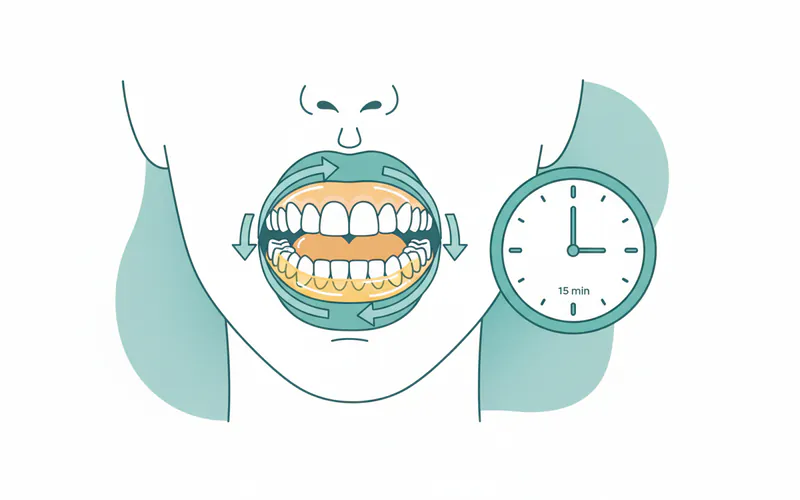 Illustration showing a person gently swishing oil in their mouth, with arrows indicating the movement of oil around teeth and gums, and a clock showing 15 minutes.