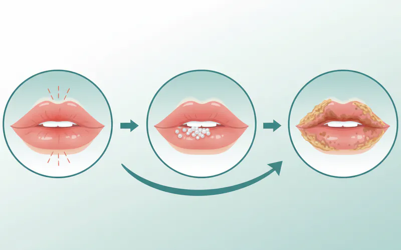 A split image showing the progression of a cold sore from early tingling/redness to a blister, then crusting, with an arrow pointing from left to right, illustrating the rapid onset.