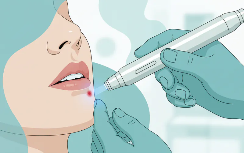 A close-up illustration of a dental professional using a small, handheld laser device to treat a cold sore on a patient's lip, showing the precision of the treatment.