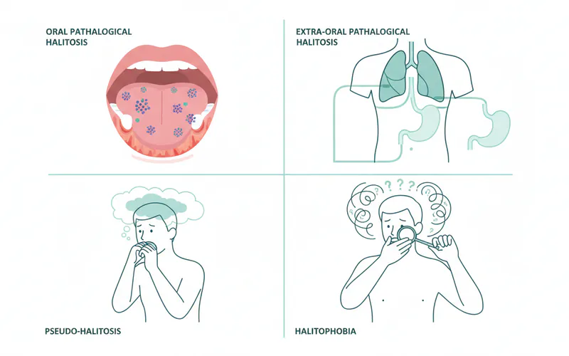 A diagram showing the different types of halitosis: Oral Pathological Halitosis (with bacteria on tongue and gum disease), Extra-oral Pathological Halitosis (showing connections to respiratory system and stomach), Pseudo-Halitosis (person perceiving bad breath where none exists), and Halitophobia (person obsessively checking breath).