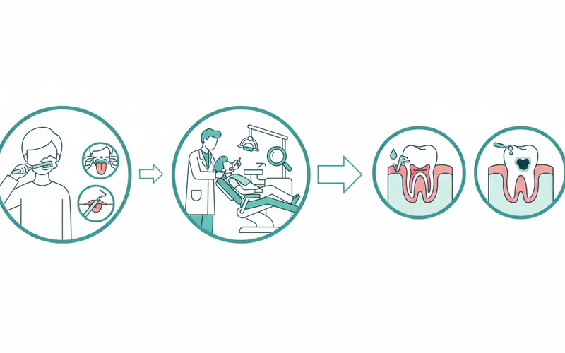 A step-by-step infographic showing a person performing oral hygiene (brushing, flossing, tongue scraping), followed by a dental check-up with a dentist, and then a simplified representation of treating underlying issues like gum disease or cavities.