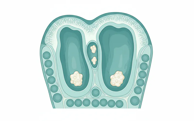 Detailed cross-section illustration of a human tonsil showing deep crypts, with small, white tonsil stones embedded within the crypts.