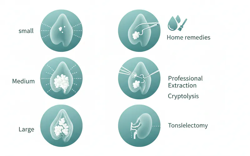 Comparison chart illustrating the different sizes of tonsil stones (small, medium, large) and the corresponding recommended treatment approaches (home remedies, professional extraction, cryptolysis, tonsillectomy).