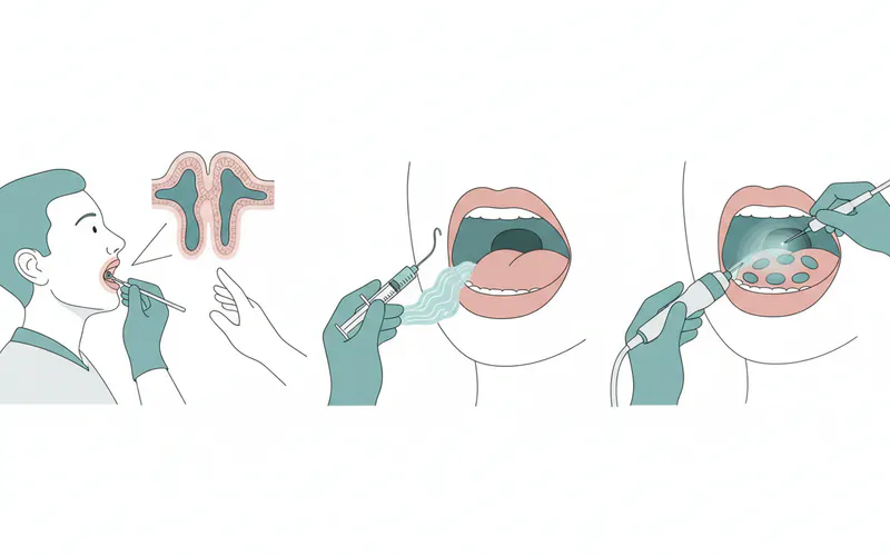 A series of three illustrations showing the step-by-step process of professional tonsil cryptolysis: 1. Patient consult with ENT, 2. Local anesthesia application, 3. Laser or coblation device gently smoothing tonsil crypts.