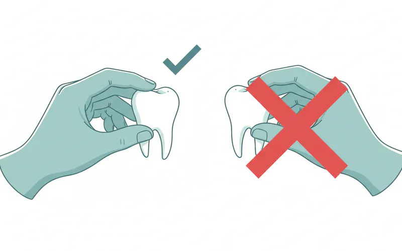 Illustration showing a hand holding a knocked out tooth correctly by the crown, with an "X" over a hand touching the root.