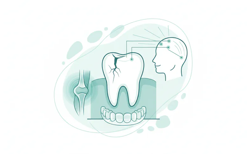 Illustration showing various signs of bruxism: cracked tooth, worn enamel, sore jaw, headache points on temples, and a nightguard.