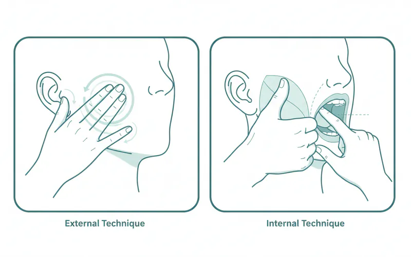 Detailed illustration showing correct hand placement for external and internal jaw massage techniques to relieve clenching.