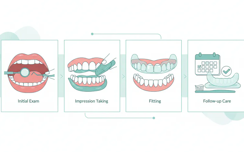 Step-by-step infographic showing the bruxism treatment journey: initial exam, impression taking for nightguard, fitting, and follow-up care.