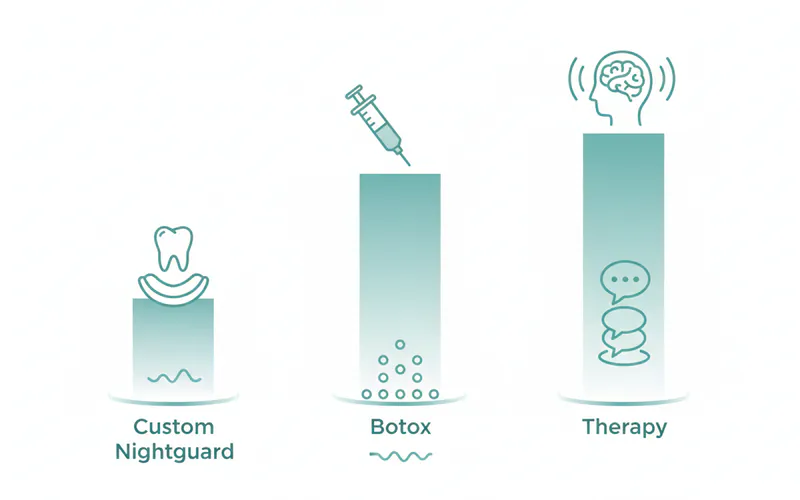 Infographic illustrating cost ranges for different bruxism treatments (e.g., custom nightguard, Botox, therapy sessions)