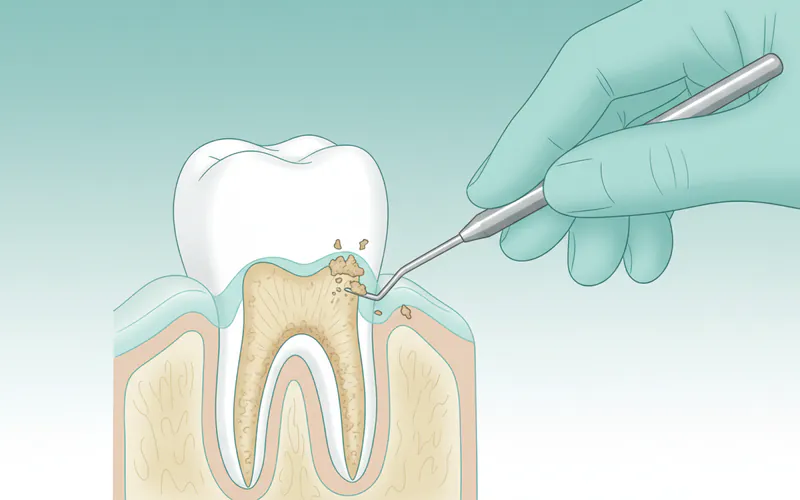 Illustration of a dental professional performing scaling and root planing, showing plaque and calculus removal from below the gumline and smoothing of the root surface.