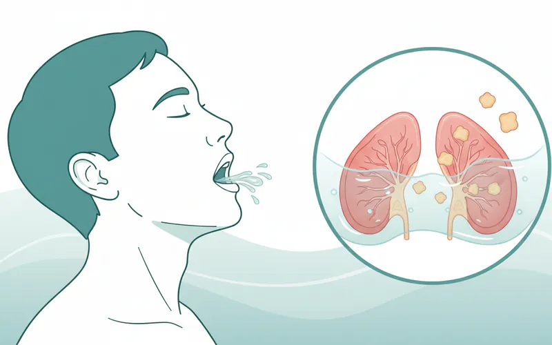 An illustration showing a person gently gargling with salt water, with an inset close-up of the tonsils showing small, dislodged tonsil stones.