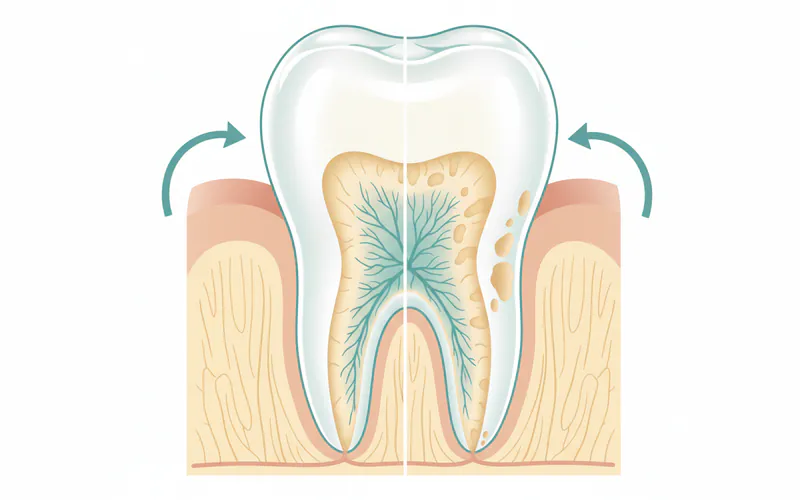 Detailed cross-section of a tooth showing enamel, dentin, and pulp, with areas of enamel erosion highlighted. One section clearly depicts normal enamel thickness, while an adjacent section shows significantly thinned and pitted enamel exposing the yellow dentin below, and arrows pointing to areas of sensitivity.