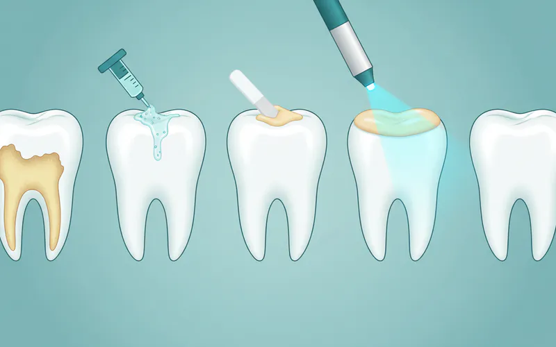 Step-by-step illustration showing the process of dental bonding. Image 1: Eroded front tooth. Image 2: Application of etching gel. Image 3: Application of composite resin. Image 4: Curing with a light. Image 5: Final polished, restored tooth.