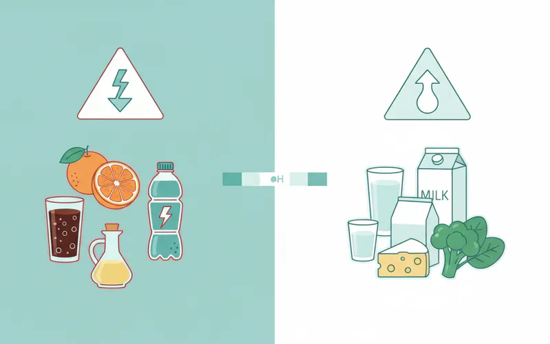 Infographic illustrating common acidic foods and drinks to avoid or consume in moderation (e.g., soda, citrus fruits, sports drinks, vinegar), with healthier alternatives (e.g., water, milk, cheese, vegetables). Text should highlight pH levels for common items.
