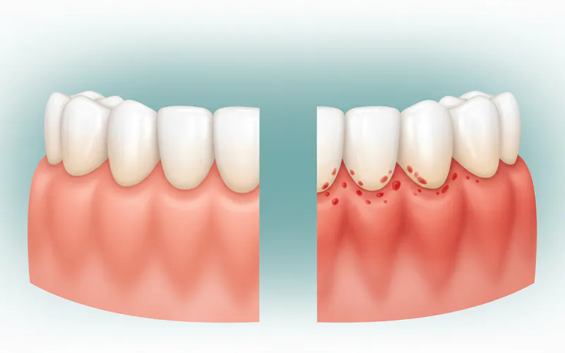 Close-up illustration of a healthy gum line next to an inflamed, swollen gum line with redness and slight bleeding.