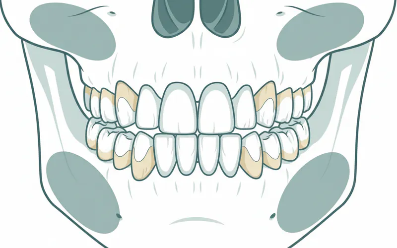 A detailed illustration showing the effects of bruxism on teeth, including flattened incisal edges, worn enamel exposing dentin, and chips or cracks. Also indicate areas of common pain like temples, jaw joint, and masseter muscles.