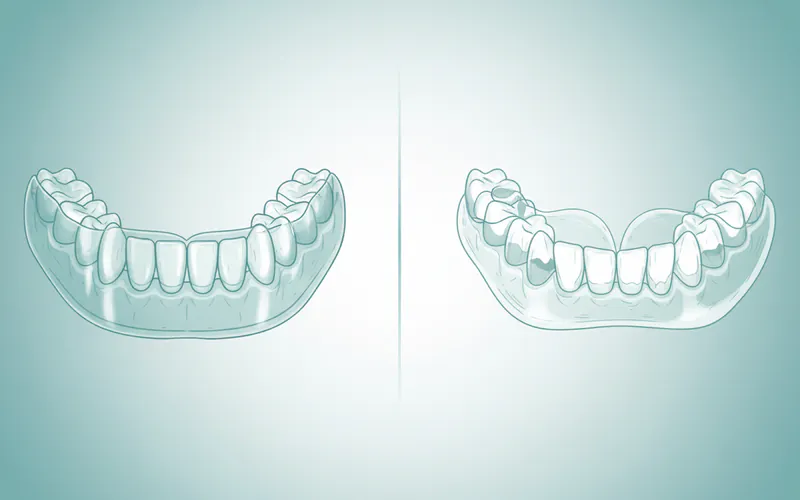 A comparative graphic showing a custom night guard versus an over-the-counter boil-and-bite mouthguard, highlighting differences in fit, material, and thickness.