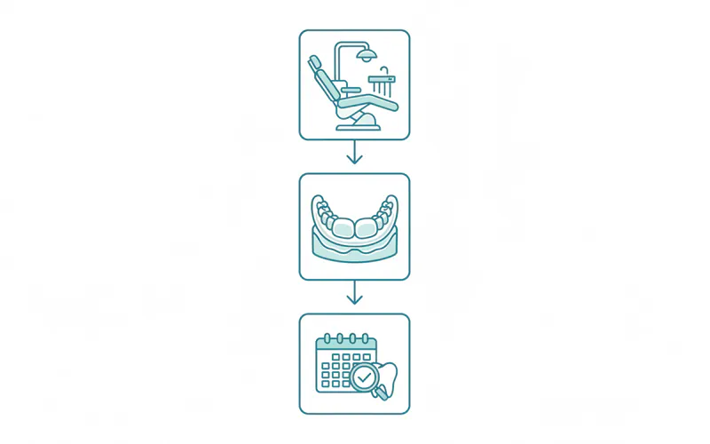 A visual step-by-step flowchart for a patient seeking bruxism treatment, starting from "Initial Dental Consultation" to "Custom Night Guard Fitting" and "Follow-up/Monitoring."