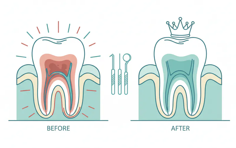 Cross-section diagram of a tooth showing infected pulp and the root canal treatment process, highlighting the before and after states.